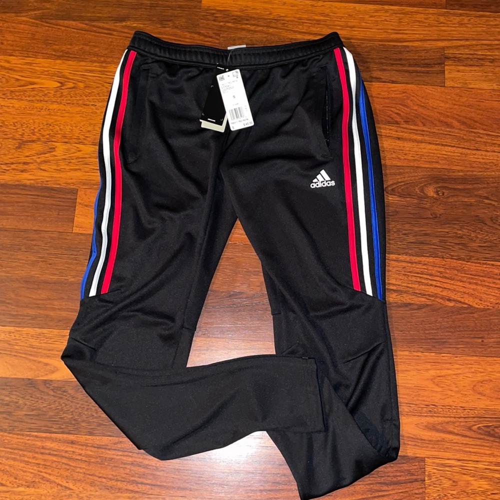 Black Adidas Pants with Blue/White/Red Stripes